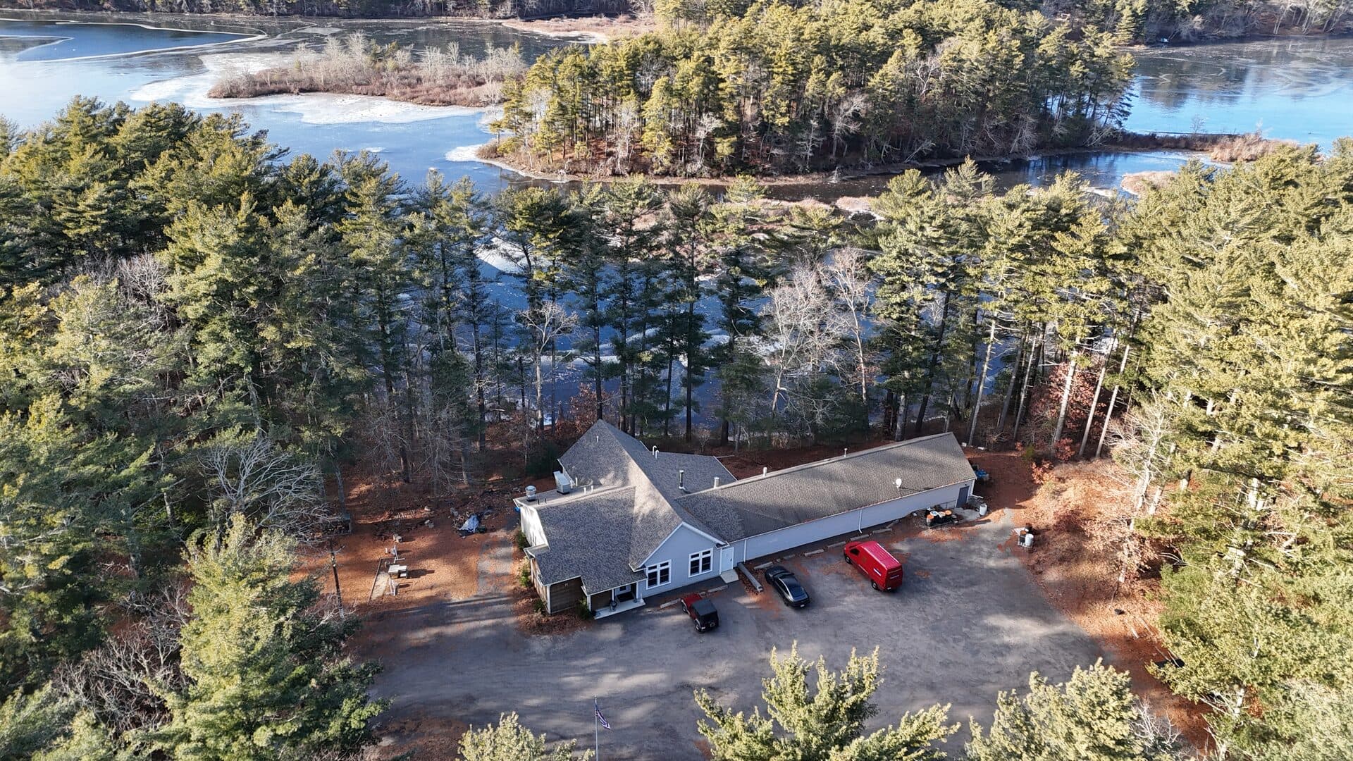 Clubhouse and pond from above